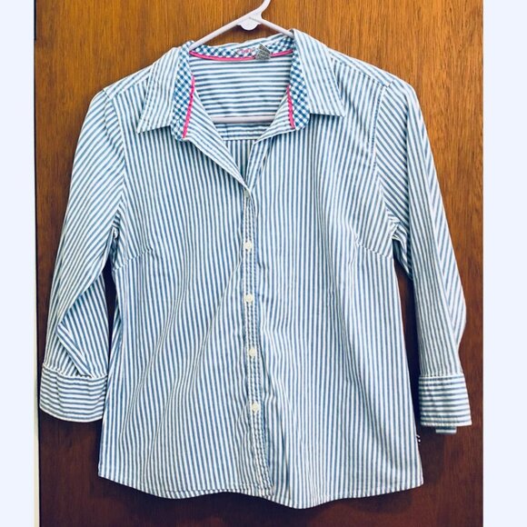 IZOD Women's Blue & White Striped Button Up, Fitted Blouse, Size: Petite Medium - Picture 1 of 9